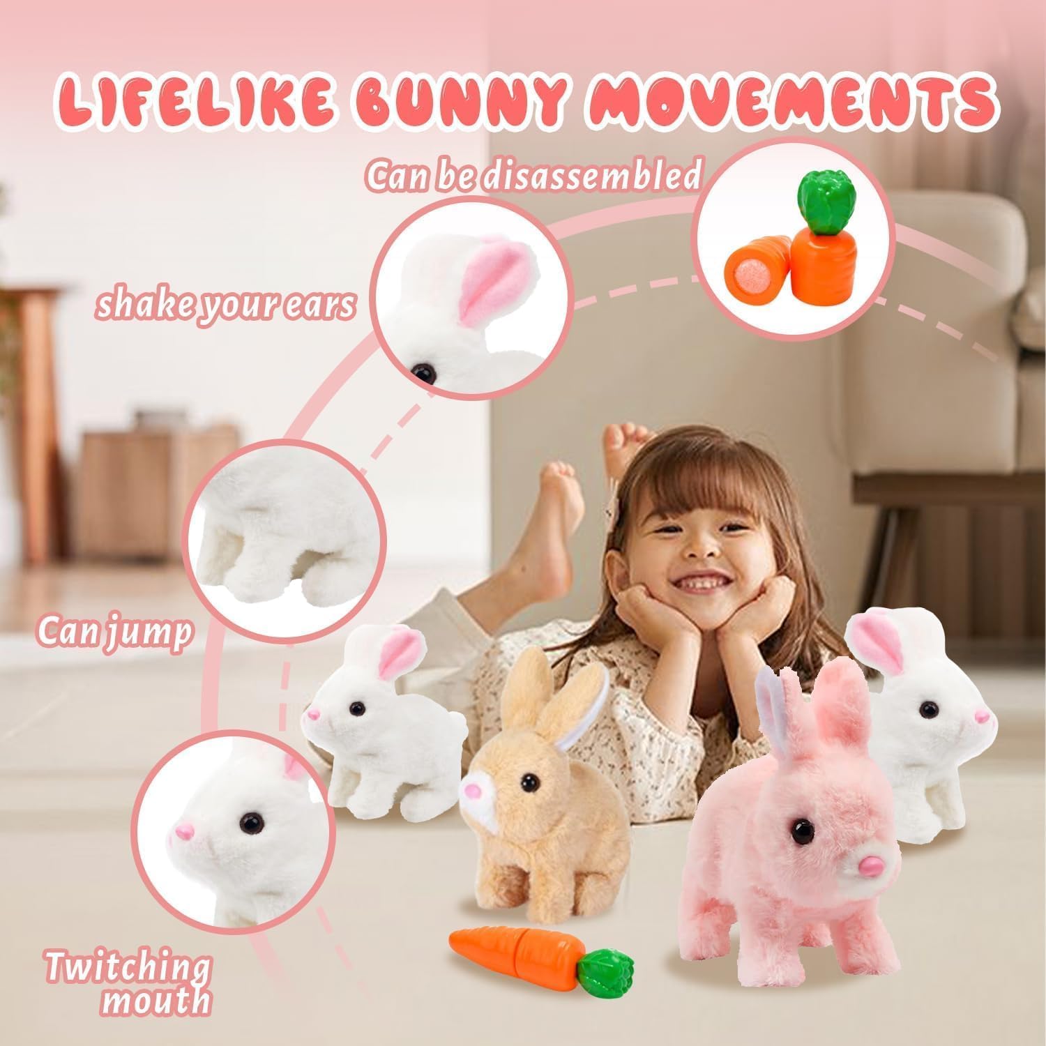 Skiennix Realistic Bunny Toy - Interactive Plush Rabbit with Sounds & Movements | Easter Gift for Kids (Brown & White)