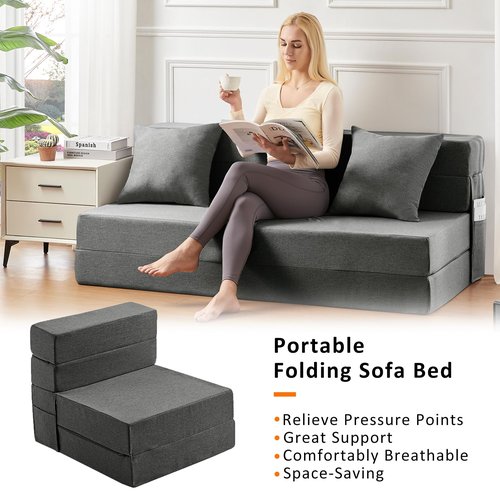 JKMAX Single Size Folding Lazy Sofa Bed - Convertible Floor sofa with Two Large Pockets Lounge Chaise - Memory Foam Floor mattress Foldable for Living Room/Dorm/Guest/Home Office/Apartment (Dark Grey)