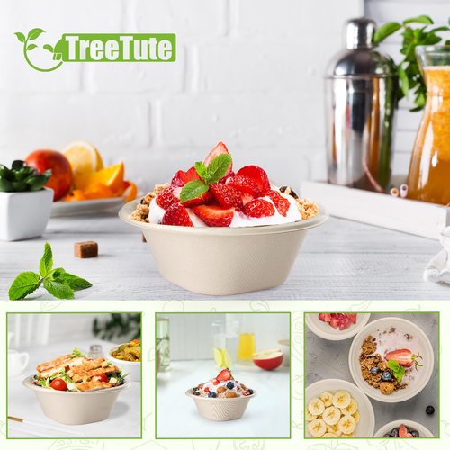 TreeTute 100 pack 16 OZ Paper Bowls,100% Compostable Disposable Heavy-Duty Soup Bowls,Heavy Duty,Eco-Friendly Biodegradable Sugarcane Bagasse Bowls Bulk for Hot Soup,Dessert,Milk,Cereals