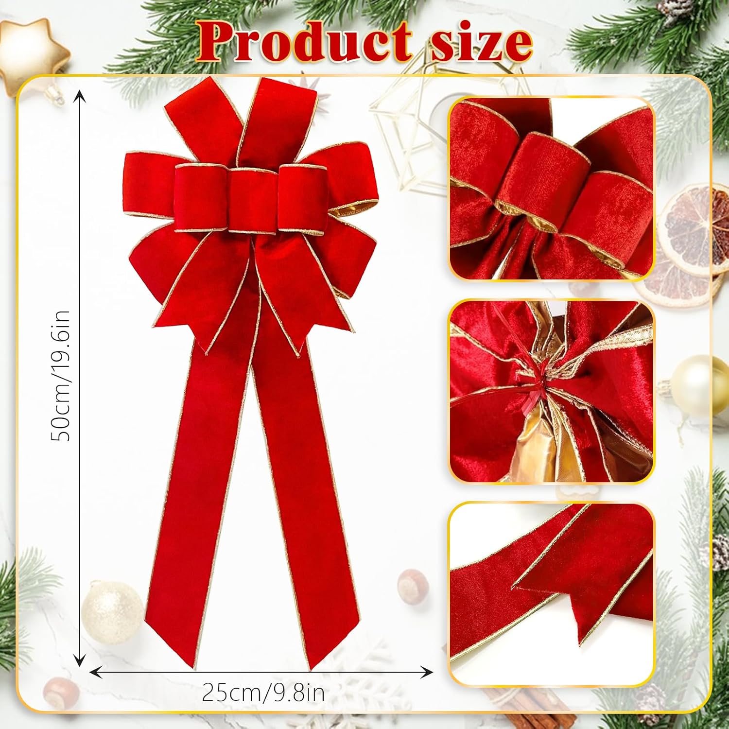 Red Velvet Christmas Bows - Gold Wired Decorative Bows for Wreaths, Trees & Outdoor Decor | Gift Box Included
