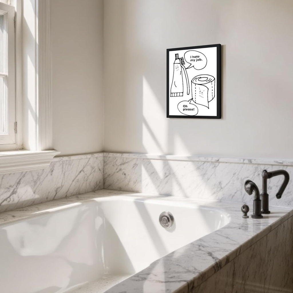 Urmoya Bathroom Wall Art - Modern Black and White Funny Sign | Minimalistic 8x10 Inch Framed Canvas Print