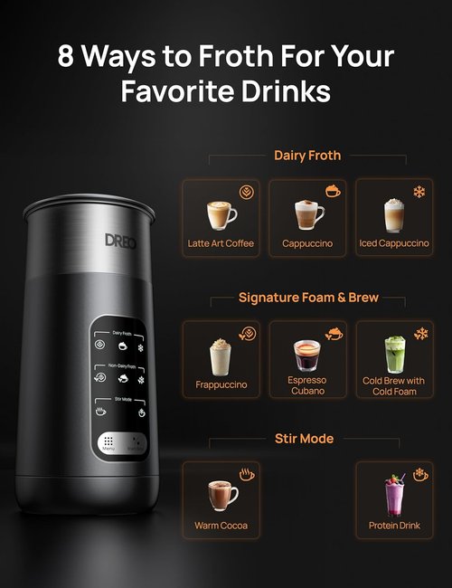 DREO Electric Milk Frother - 8-in-1 Stainless Steel for Latte Art & Coffee | 9oz/270ml, Easy Clean