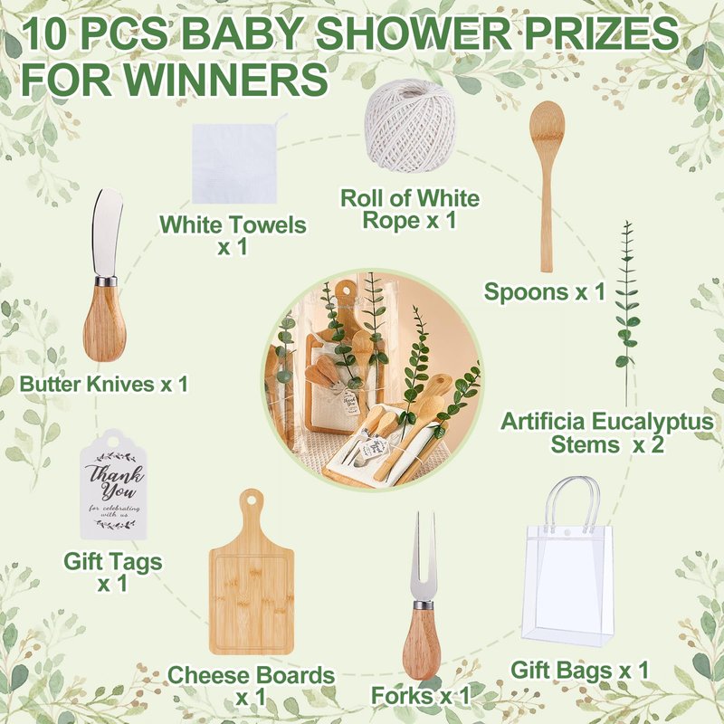 Baby Shower Prizes for Game Winners Bamboo Cheese Board Spoon Fork Butter Spreaders Plaid Towel Thank You Card and Gift Bags for Baby Shower Wedding Bridal Shower Favors (Bamboo, 1 Set)
