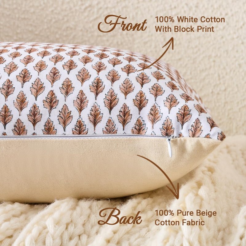 Brown Large Pillow Covers 24x24, 100% Cotton Block Print Leaf Pillows, 1 Pack Farmhouse 24 x 24 Patio Couch Pillow Covers, Cute Cozy Aesthetic Fall and Winter Room Decor (No Pillows Inserts)