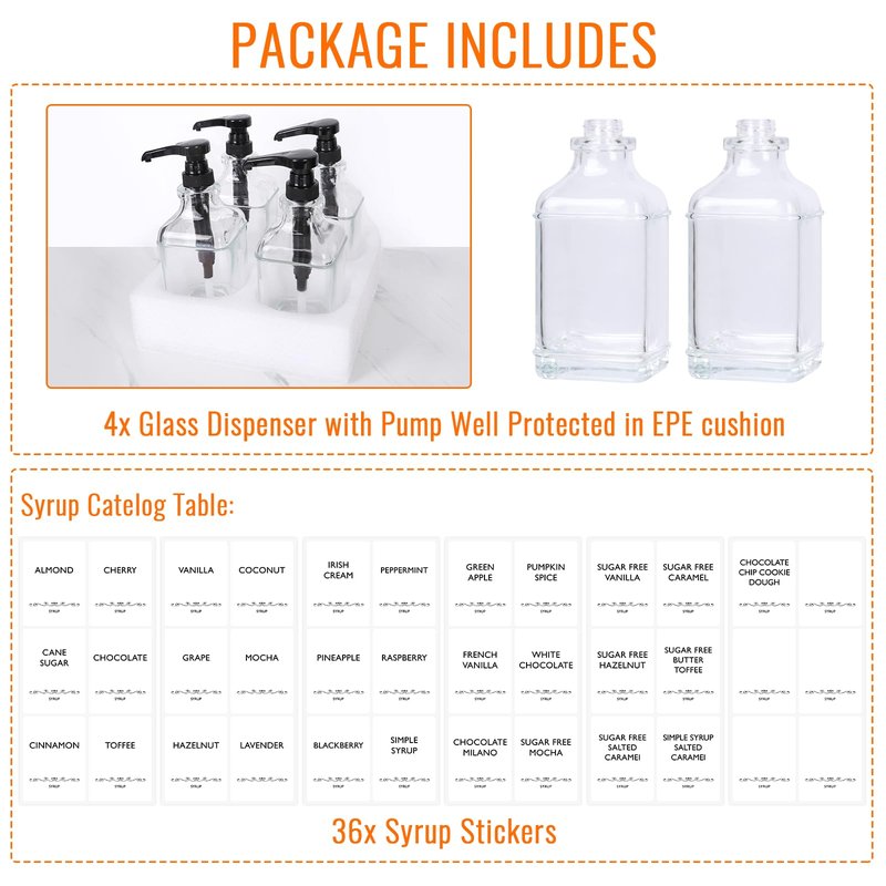 SZUAH 16oz Coffee Syrup Dispenser with Pumps 4pack(480ml), Leak-Proof Syrup Dispensers for Coffee Bar, Kitchen and Commercial Use with Stickers