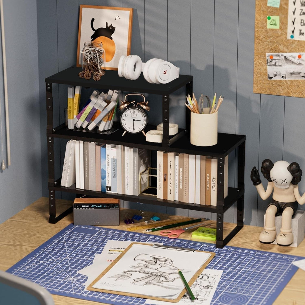 Wobmmi Expandable Spice Rack Organizion for Kitchen Cabinet, Seasoning,Bathroom Organizer Display Shelf, Stackable Multi-Purpose Shelves.Easy-to-Install（2Packs/Black,Large