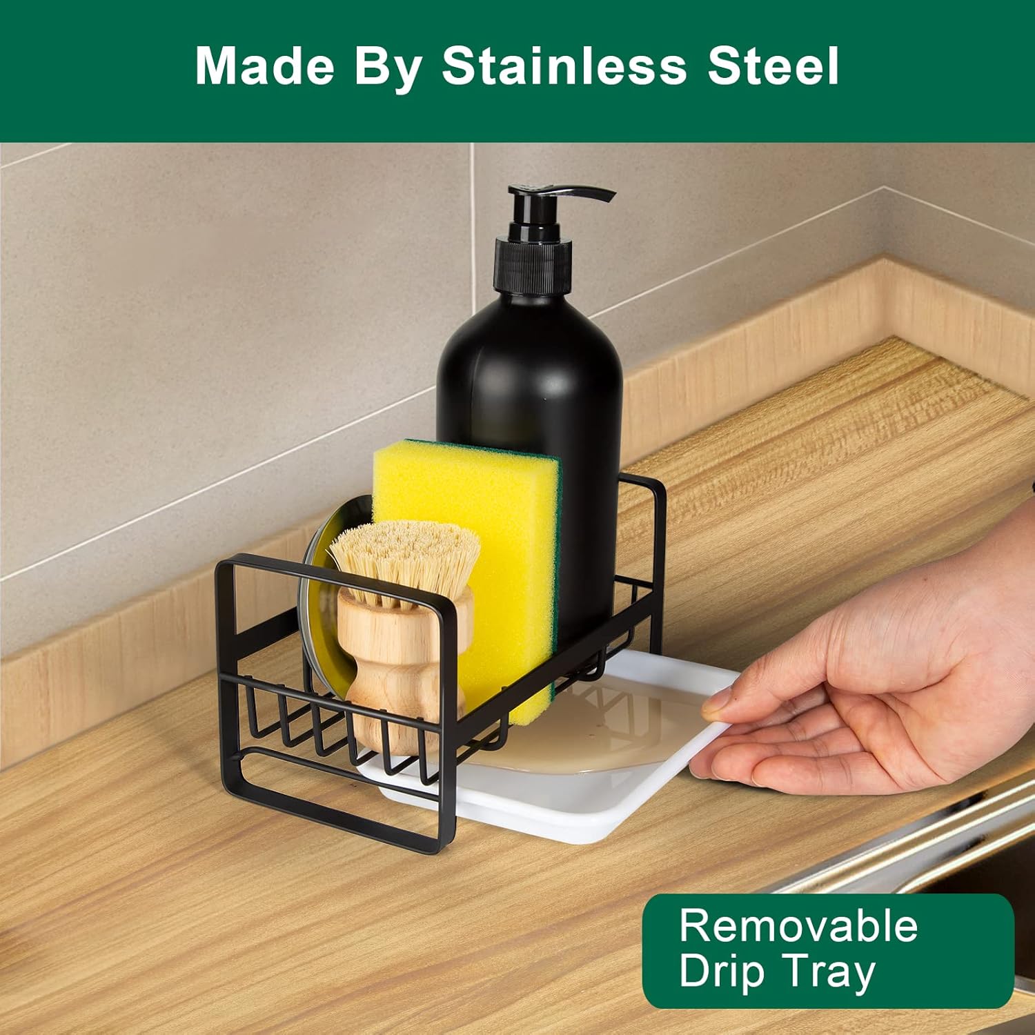 TEZZ Sponge Holder | Stainless Steel Kitchen Sink Caddy for Organizing Sponge, Brush & Soap Dish - Black