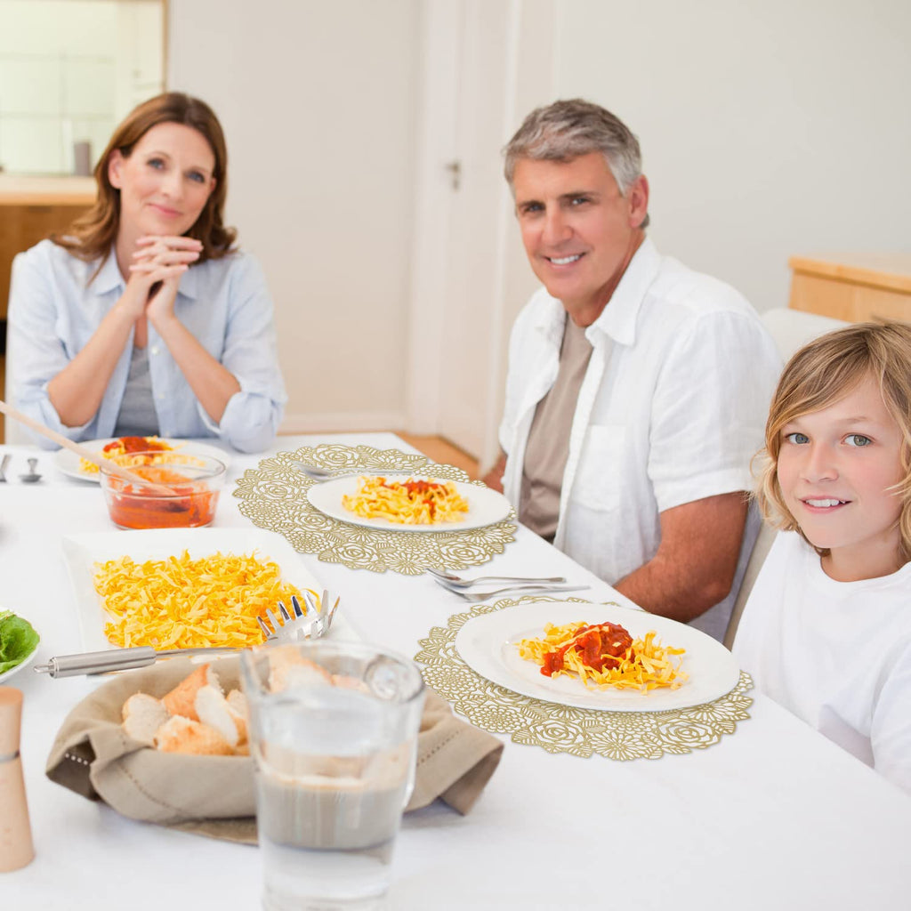 10 Pcs Round Pressed Vinyl Placemats Gold Placemat Metallic Place Mat Non Slip Flower Table Mats for Wedding Dinner Party Table Supplies Decorations Washable Heat Resistant (Gold Flower, 10)