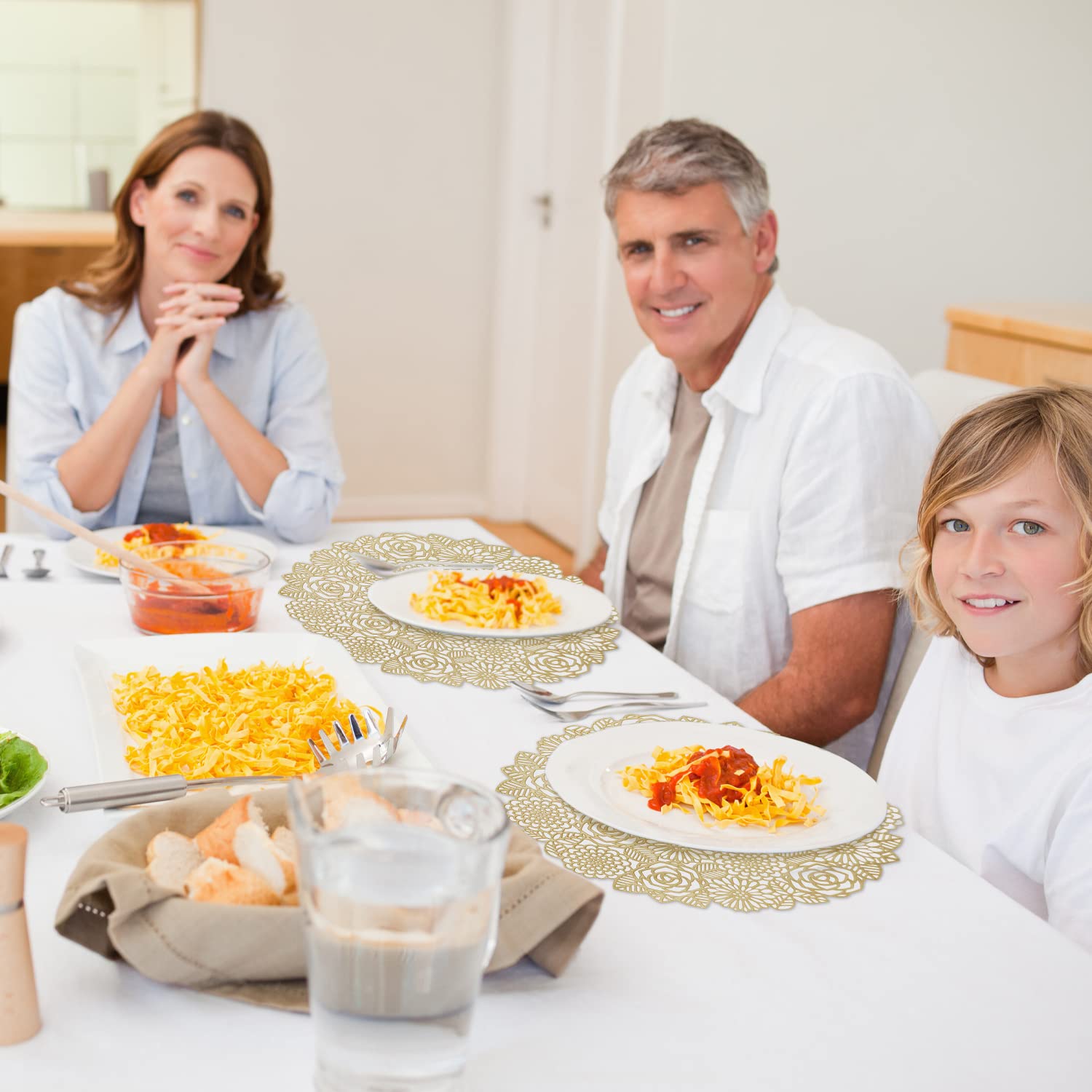 10 Pcs Round Pressed Vinyl Placemats Gold Placemat Metallic Place Mat Non Slip Flower Table Mats for Wedding Dinner Party Table Supplies Decorations Washable Heat Resistant (Gold Flower, 10)
