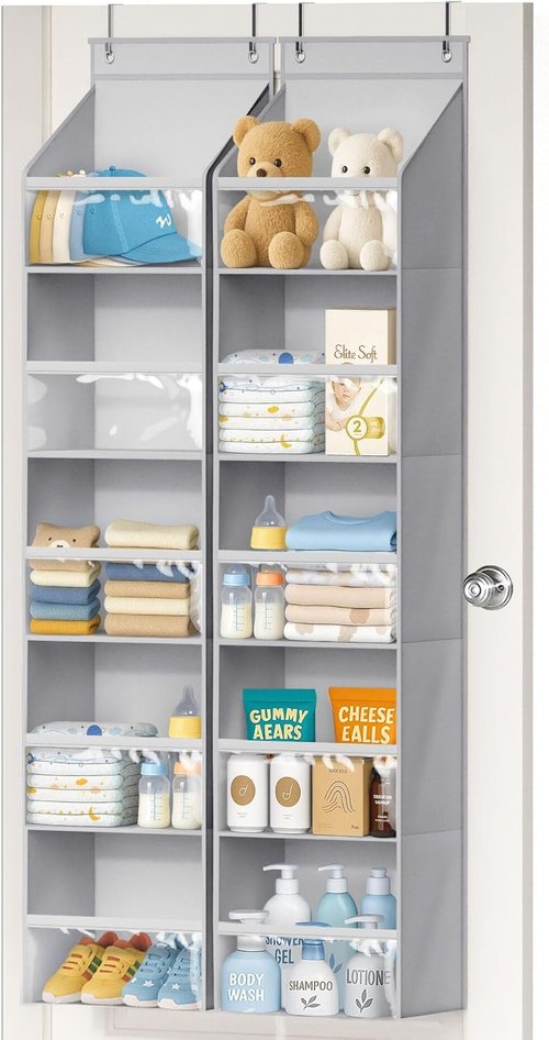 AOODA Over The Door Organizer - Large Capacity Hanging Storage with Clear Deep Pockets | Grey