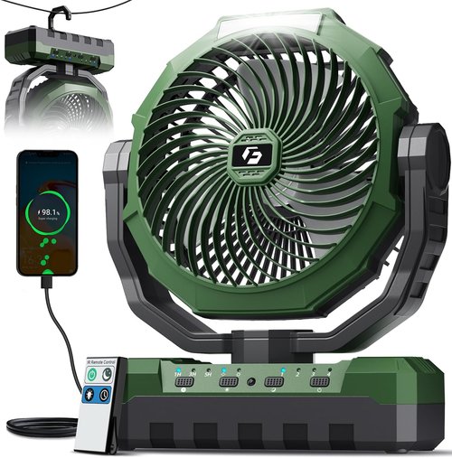 FRIZCOL 3-in-1 Camping Fan - Rechargeable Portable Fan with 24000mAh Battery & Light | Ideal for Outdoor Adventures - Green