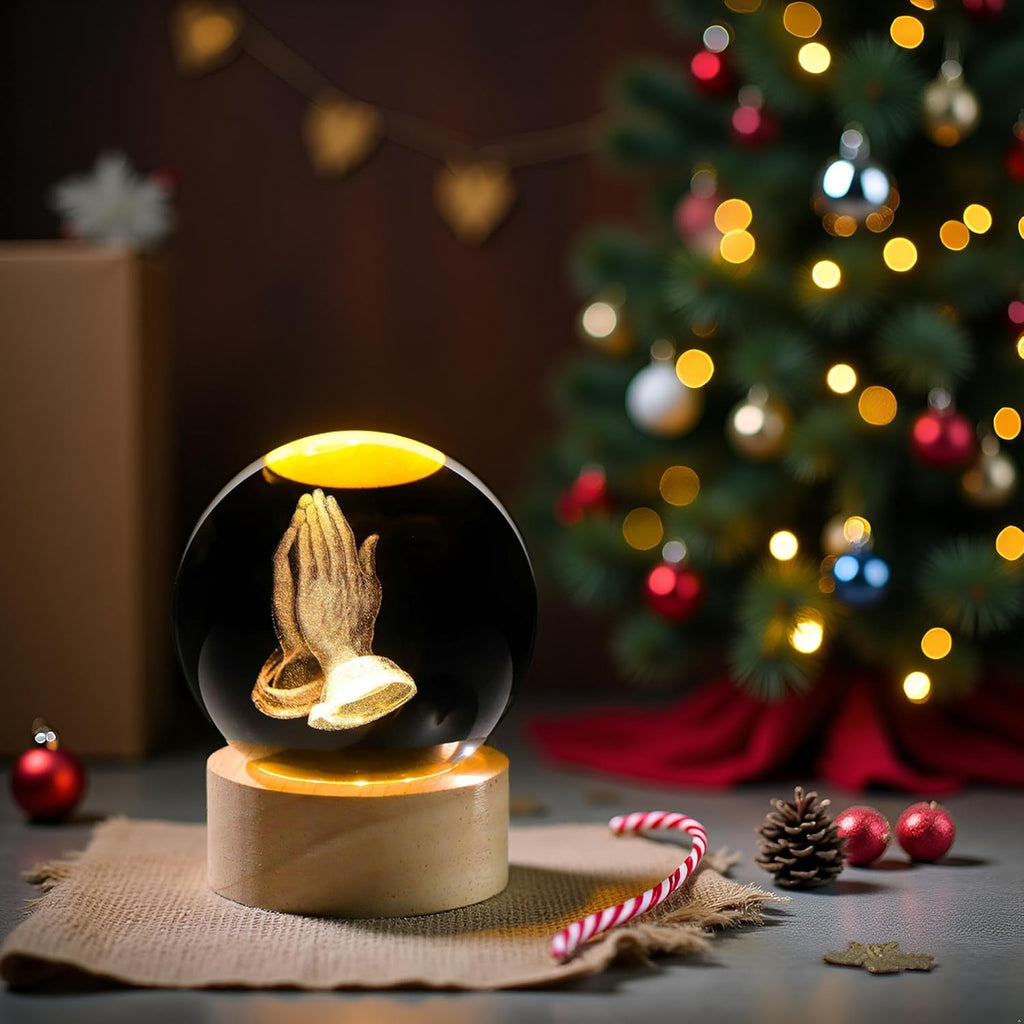 3D Hands Prayer Crystal Ball - Religious Glass Figurine with Wooden Base | 2.36-Inch Night Light Decor
