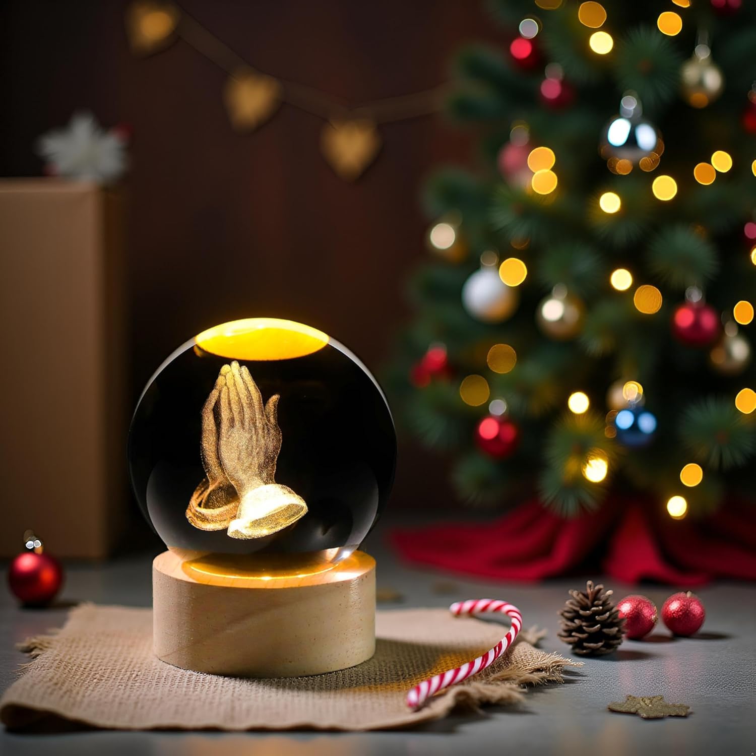 3D Hands Prayer Crystal Ball - Religious Glass Figurine with Wooden Base | 2.36-Inch Night Light Decor