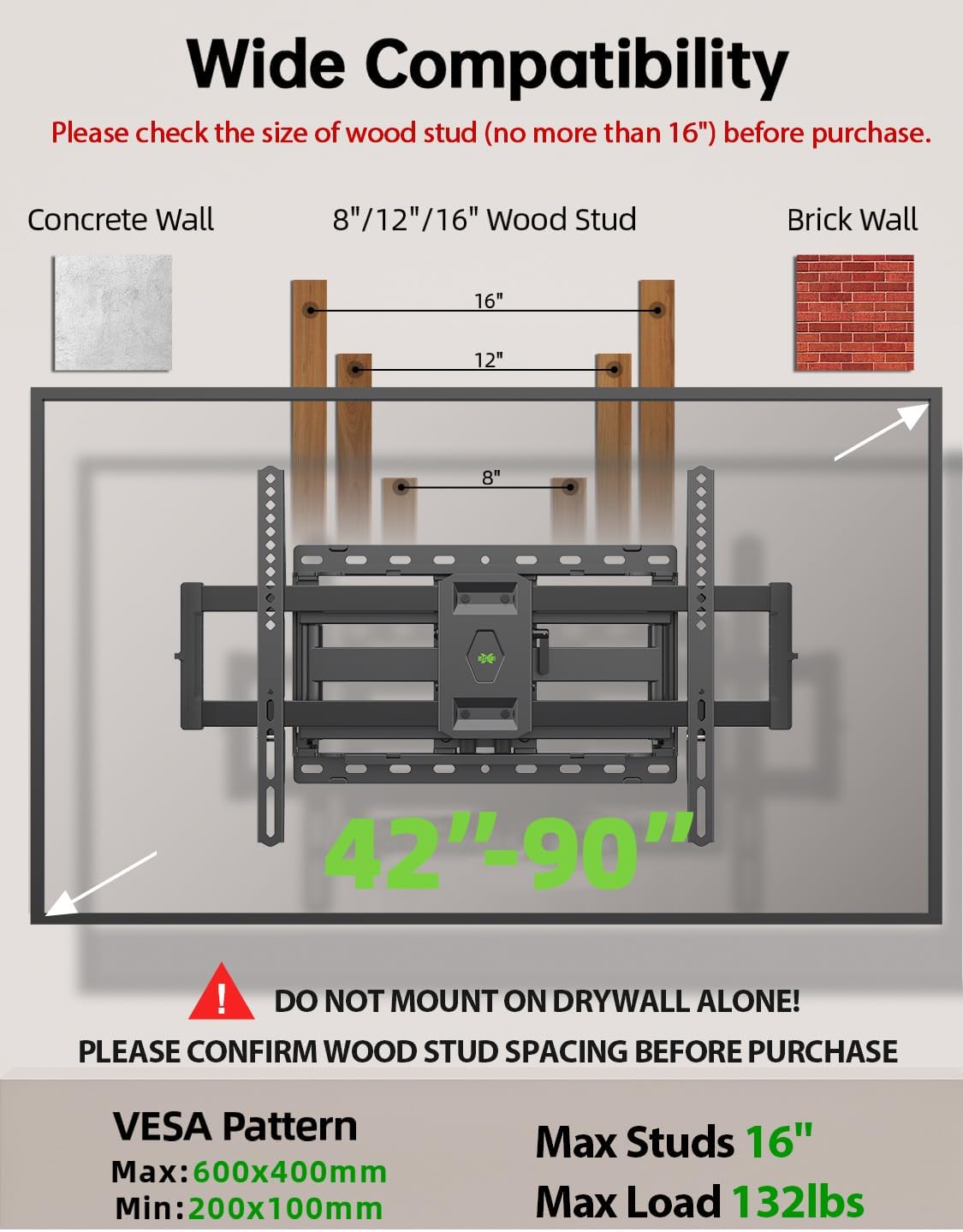 USX Mount Full Motion TV Wall Mount - Fits 42-90 Inch Flat Screen TVs | Dual Swivel & Tilt, Holds Up to 132lbs
