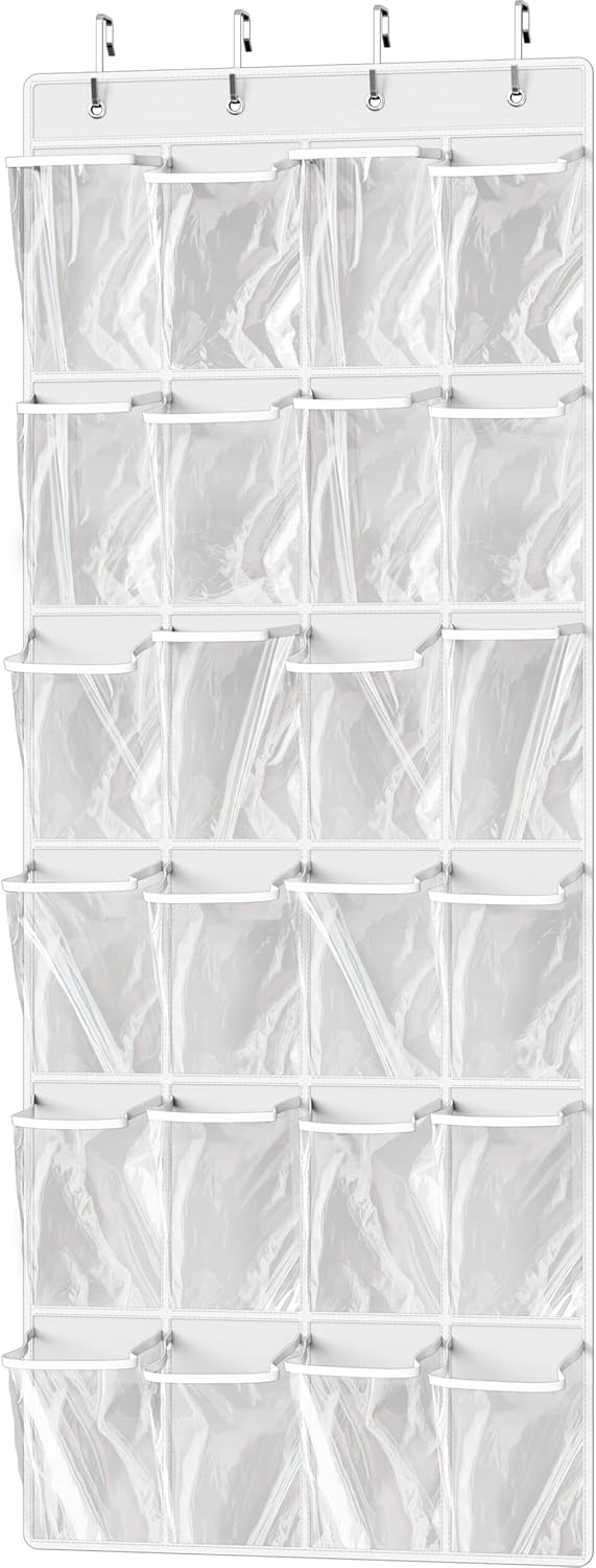 Simple Houseware Over The Door Hanging Shoe Organizer - 24 Clear Pockets, White (56" x 22.5")