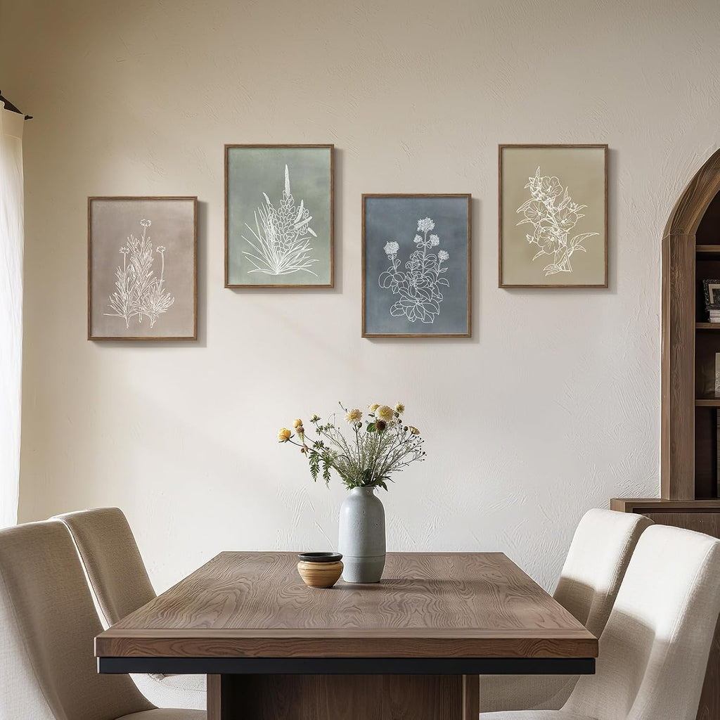 Skiennix Framed Boho Botanical Wall Art - 4 Piece Rustic Floral Canvas Set for Modern Decor