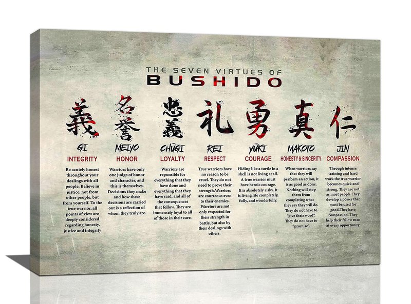 Japanese Samurai Wall Art 7 Virtues of Bushido Code Pictures Wall Decor Japanese Warrior Room Poster Canvas Prints Framed Modern Inspirational Painting Artwork for Bedroom Office Bathroom 24"x16"