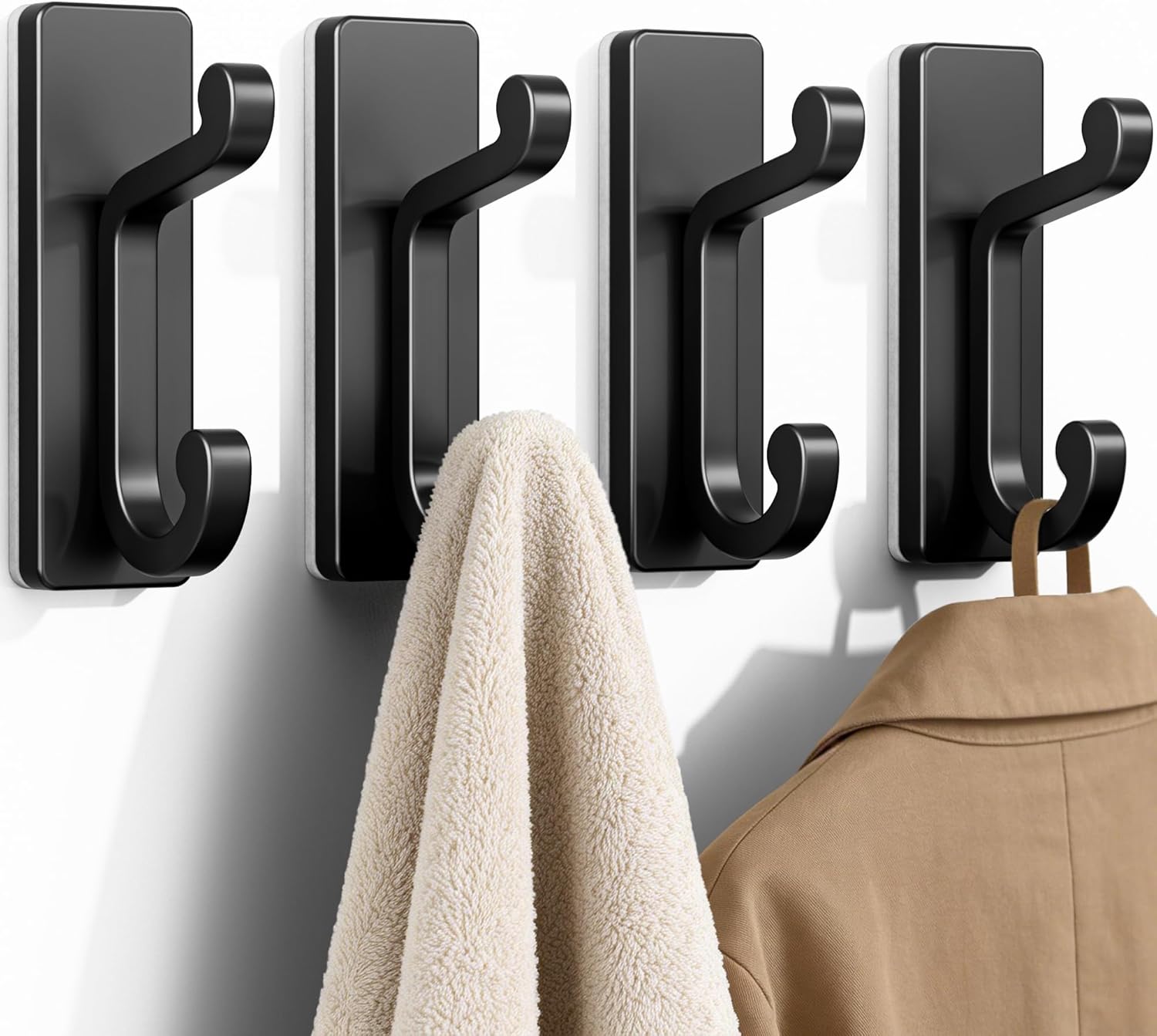 Self Adhesive Wall Hooks - Black Sticky Hangers | Holds 13Lbs for Clothes, Towels & Keys - 4 Pack