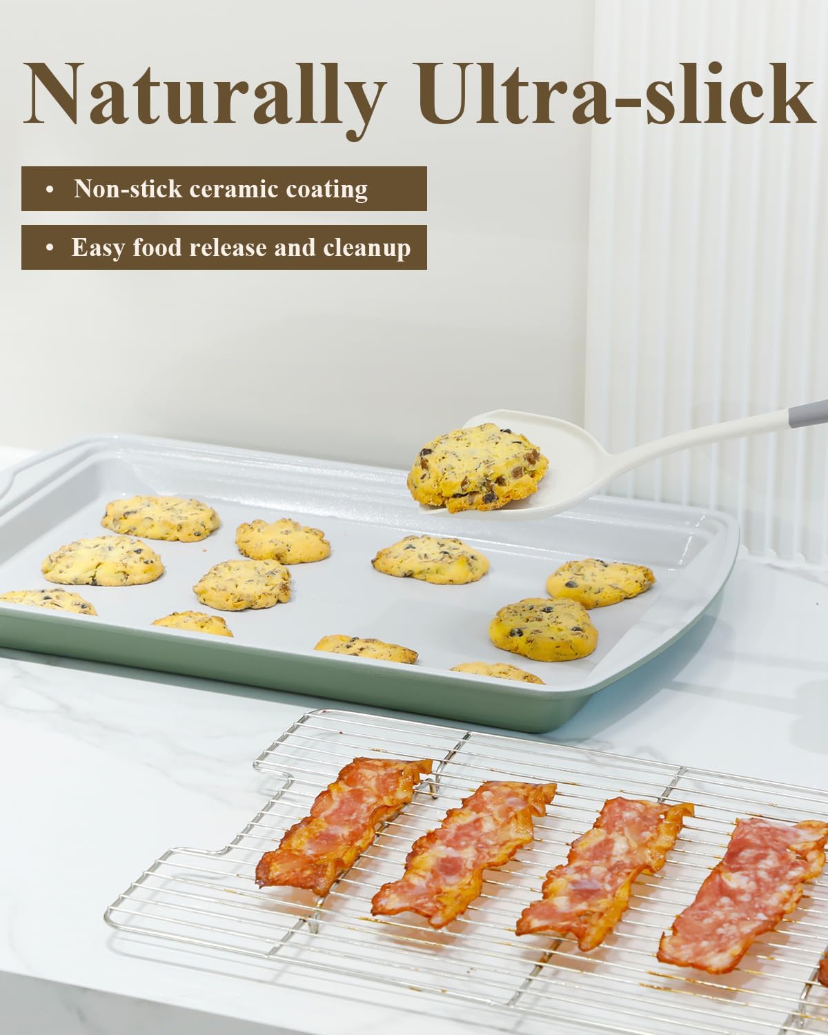 Nonstick Crisp Baking Tray - Ceramic Coating Jelly Roll Cookie Sheet Pan | 15x10, PTFE & PFOA Free, Oven Safe 550°F, Dishwasher Safe, Aluminized Steel, Pistachio Green