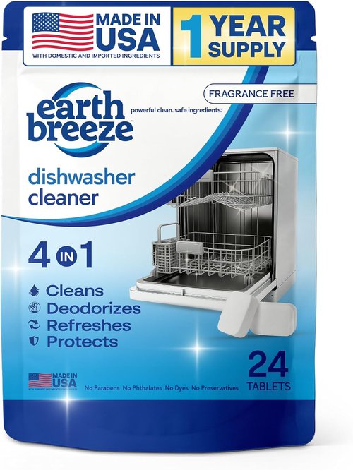 Earth Breeze Dishwasher Cleaner Tablets - 4-in-1 Formula Cleans, Deodorizes & Protects - Fragrance-Free, Safe for All Dishwashers