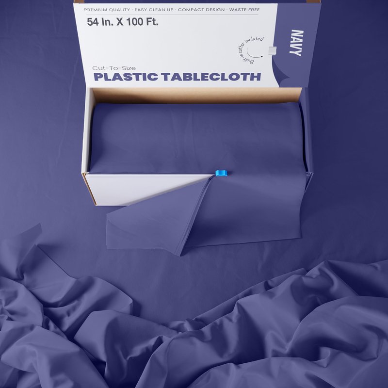 Party Solids 54 Inch X 100 Feet Navy Plastic Table Cover Roll in A Cut - to - Size Box with Convenient Slide Cutter. Cuts Up to 12 Rectangle 8 Feet Plastic Disposable Tablecloths