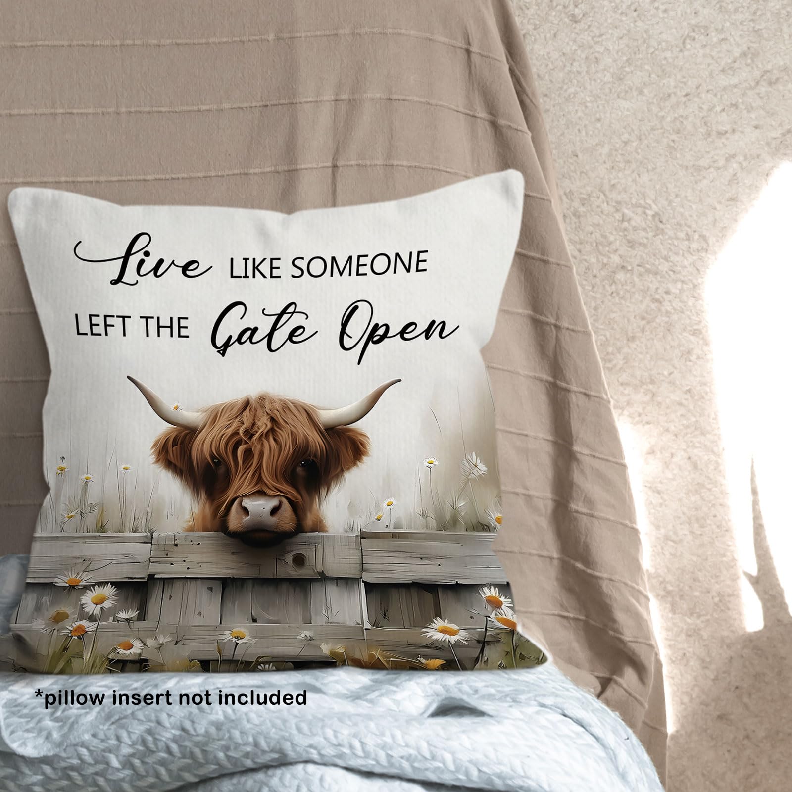MONALET Highland Cow Farmhouse Throw Pillow Covers 18x18, Live Like Someone Left The Gate Open Decor Pillow Cases for Bedroom Living Room, Rustic Hyland Highland Cow Gifts Pillowcases for Couch Bed