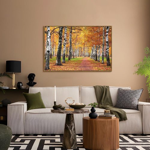 autumn forest canvas wall art: fall forest picture Golden woods landscape artwork wall decor - nature tree pictures with pathway prints for living room 45"x30"