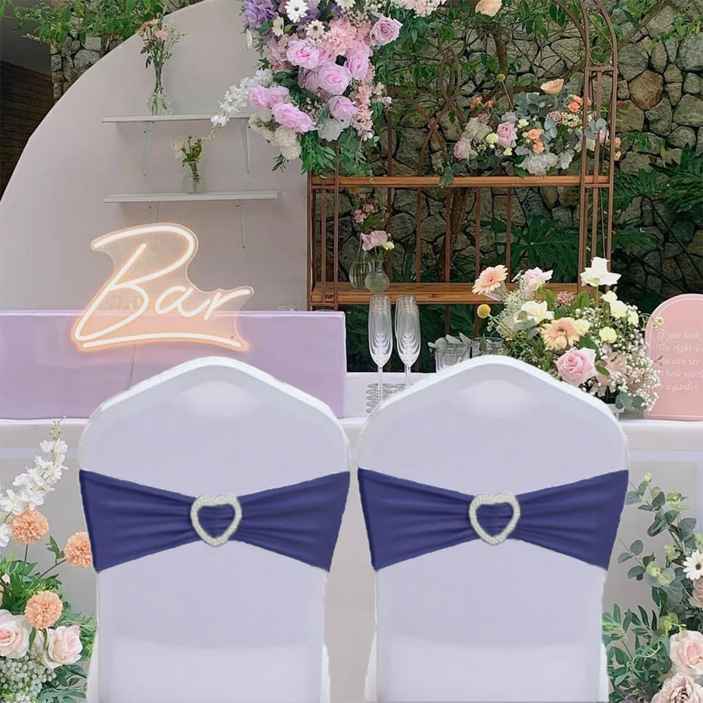 Skiennix Navy Blue Chair Sashes - 30 Pack Universal Elastic Chair Bands with Heart Buckle Slider for Weddings & Parties