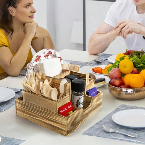 ZAVOOS Paper Plate Dispenser, Wood Rustic Utensil Holder Silverware Caddy for Cups Spoons Forks Napkins, Cutlery Flatware Organizer with 9 Compartments for Party, Kitchen Countertop, Camping, Buffet