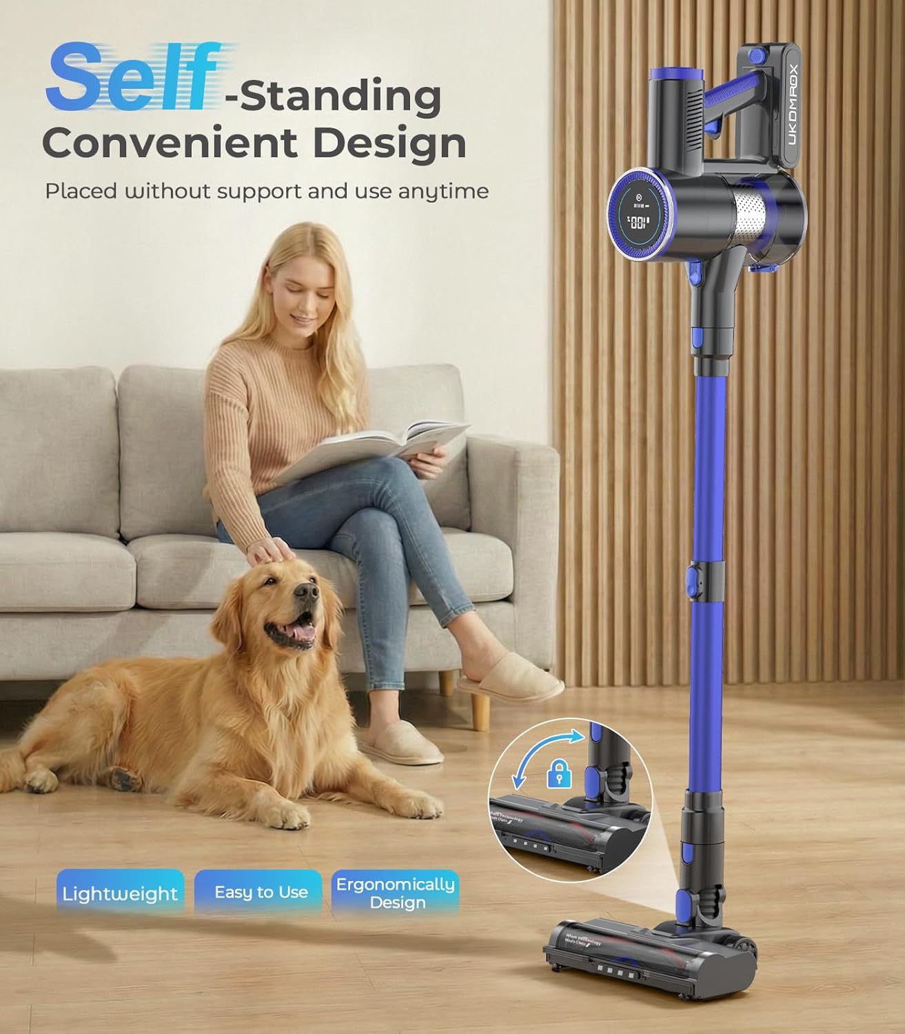 Skiennix Cordless Vacuum Cleaner - 550W, 50KPa Suction, 45 Minutes Runtime | Self-Standing, Anti-Tangle Brush, LED Display for Hardwood, Carpet, Pet Hair