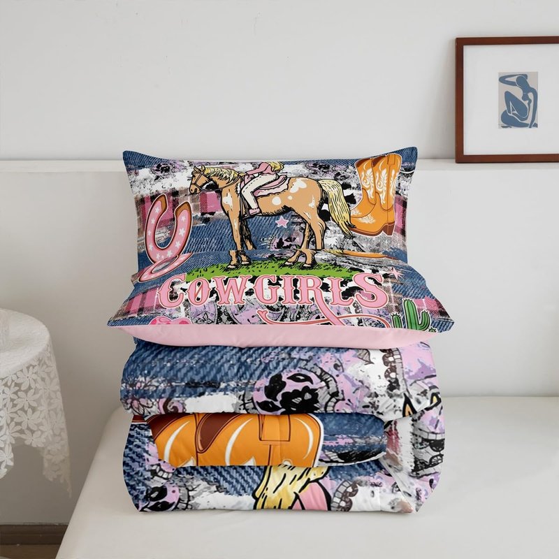 Western Cowgirls Bedding Set Twin Size,Kids Pink Leopard Checkered Comforter Set for Girls Woman Boys Room Decor American Southwest Rustic Quilt Set Pink Graffiti Duvet Insert,1 Pillowcase
