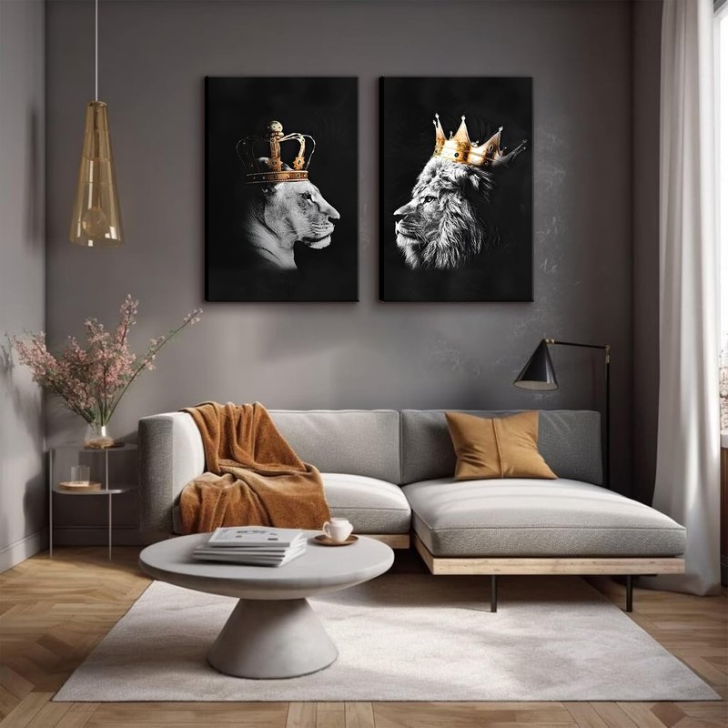 BJVJKSU Black and White Lion Wall Art - King and Queen Lioness Canvas Wall Decor with Gold Crown - Wild Animal Couple Prints Ready to Hang (16x24in)