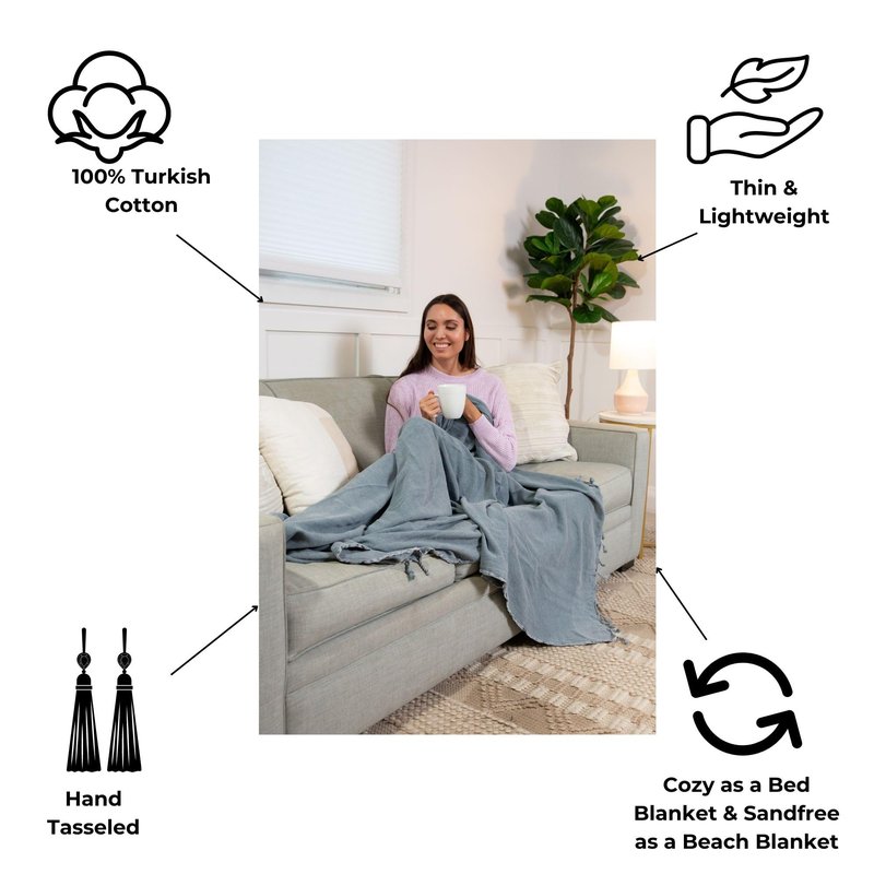 InfuseZen Stonewashed Turkish Throw Blanket - 100% Organic Turkish Cotton - 80" x 48" - Soft, Lightweight, Cozy - for Love Seat, Sofa, Picnic, Yoga - Sand Free Absorbent Beach Blanket - Denim