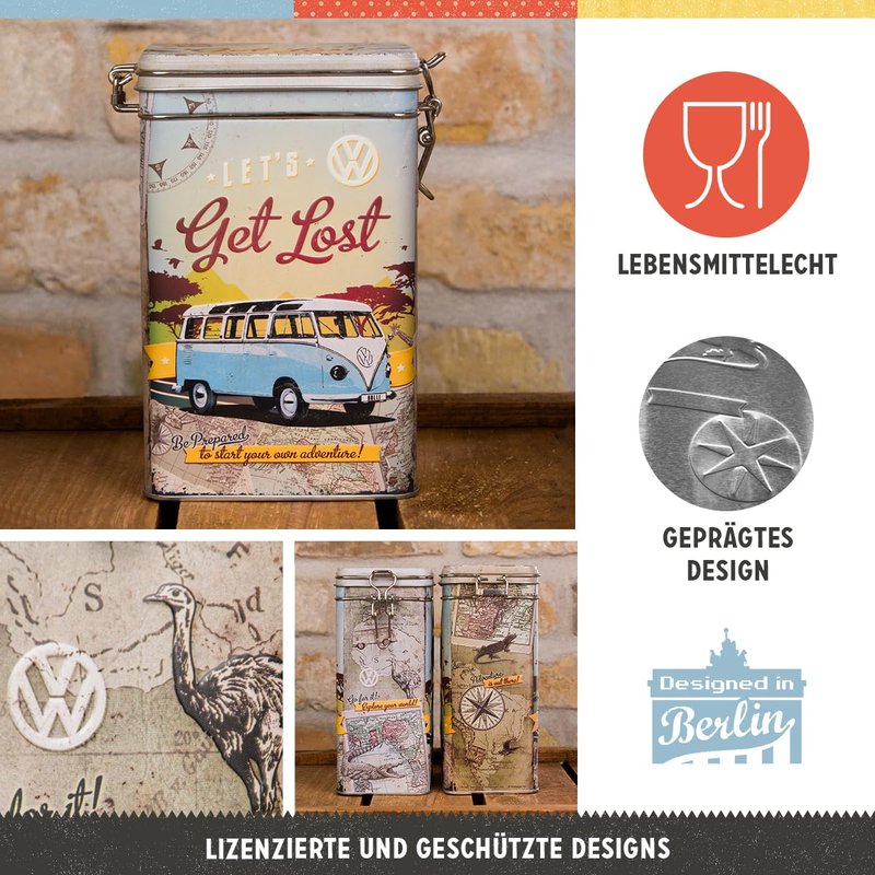Nostalgic-Art Retro coffee tin box, 44 oz, VW Bulli – Let's Get Lost – VW Bus Gift idea, Official License Product (OLP), metal clip top can, vintage design