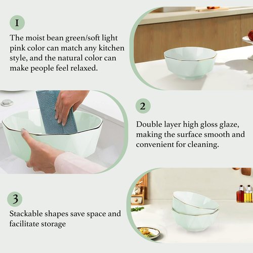 Wpslnwo Large Serving Bowls Set, 8inch 60oz Ceramic Salad & Soup Bowls, Pho Bowls, Cream Green Diamond Set of 2, Microwave & Dishwasher Safe, Easy Clean