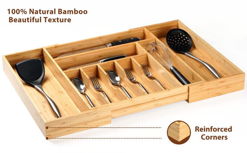 Umilife Extra Large Expandable Kitchen Siverware Utensils Drawer Organizer, 19" Deep for Big Drawer, Adjustable Bamboo Wood Drawer Divider with Curved Grooves, Cutlery Tray Flatware Holder