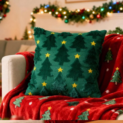 Hongsome Green Christmas Decor | Plush Faux Fur Throw Pillow Covers - Set of 2, 18x18in, Xmas Tree Design