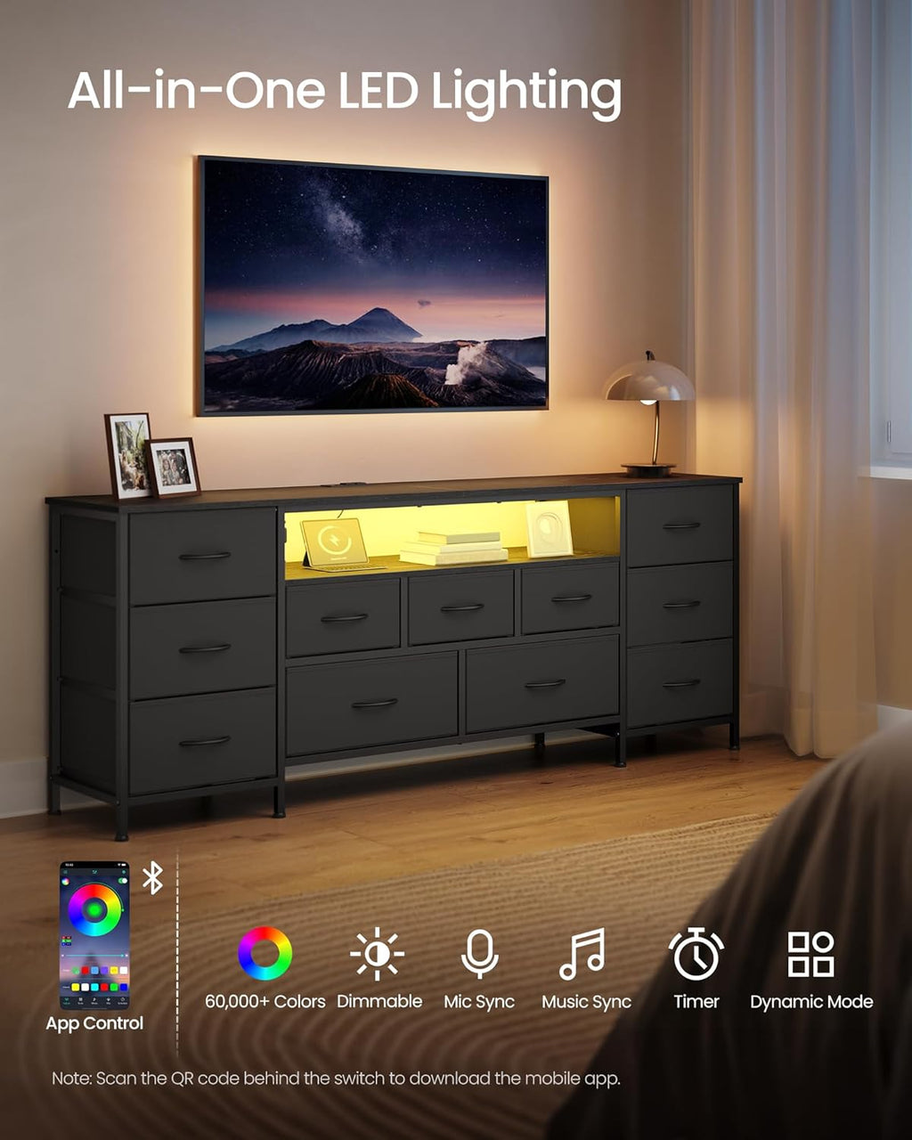 SONGMICS TV Stand - Modern Chest of Drawers for TVs Up to 70 Inches, 11 Drawers, Ink Black