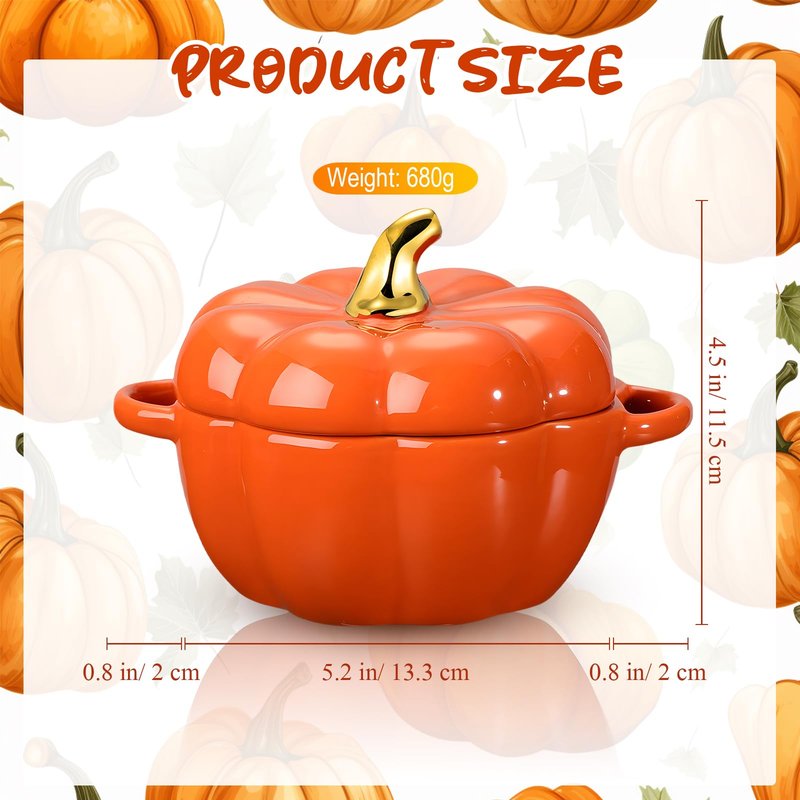 Yaomiao 6 Pcs Pumpkin Ceramic Bowl 15 oz Pumpkin Soup Bowl Pumpkin Shape Storage Jar with Lid and Handles for Home Halloween Party Kitchen Tableware(Orange)