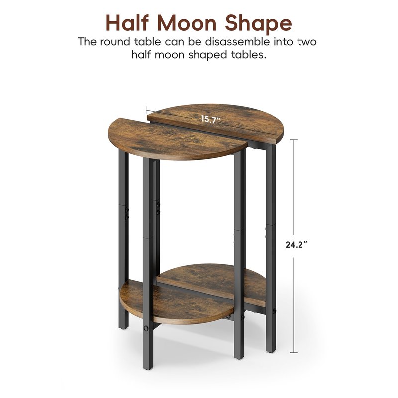 Vagusicc Side Table, Small Round End Table, Set of 2 Half Round Side Table for Living Room, 2 Tier Small Couch Side Tables, Round Coffee Table, Thin Accent Sofa Table Narrow Entryway Table, Brown