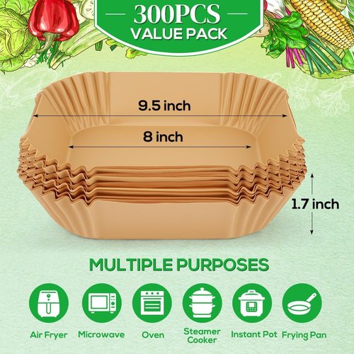 BYKITCHEN 300PCS Disposable Air Fryer Paper Liners - 8in Square Parchment for 5-8QT Air Fryers | Perfect for Ninja, Cosori, Chefman