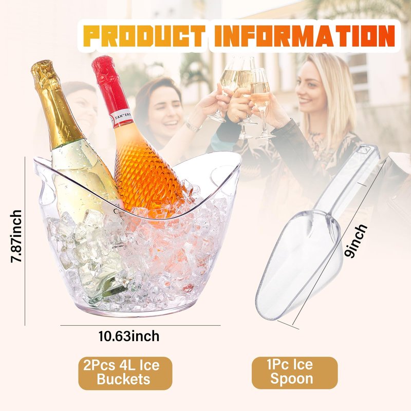 Ice Bucket for Parties 2 Pcs 4 Liter Beverage Tub Ice Tub Wine Beer Drink Buckets for Parties Mimosa Bar Clear Plastic Champagne Acrylic Ice Bucket with Scoop for Cocktail Beer Bottle