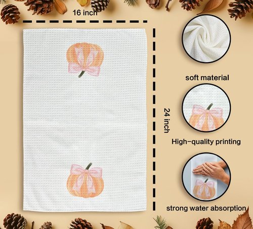 Tzhim Fall Kitchen Towels, Pink Bowknot Decorative Fall Hand Towels, Pumpkin Autumn Dish Towels Dishcloths Tea Towels for Kitchen Bathroom, Preppy Coquette Fall Kitchen Bathroom Decor, 16x24in