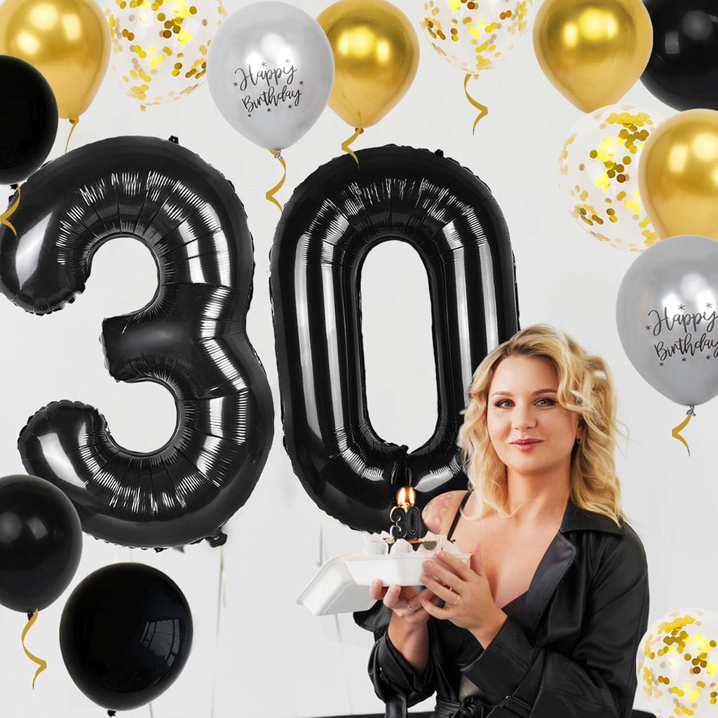 Skiennix 30th Birthday Decorations - 40-Inch Number Balloons & 18 Pcs 12-Inch Balloons for Men & Women