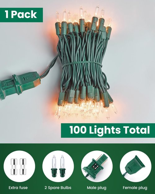 Minetom Clear Christmas String Lights - 100 Count 20 Feet Mini Incandescent Bulbs for Indoor Decor | Green Wire