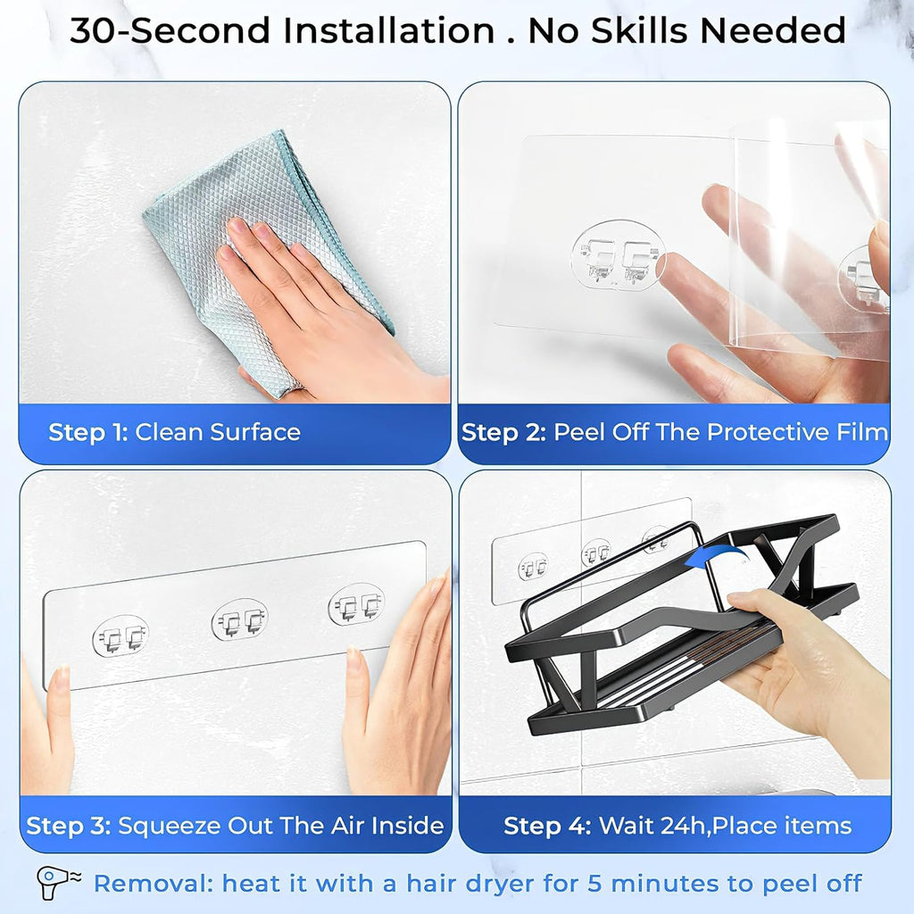 Shower Caddy Adhesive Hooks by [Brand Name] - Strong Waterproof Strips for No-Drill Bathroom & Kitchen | Transparent - 14 Pack