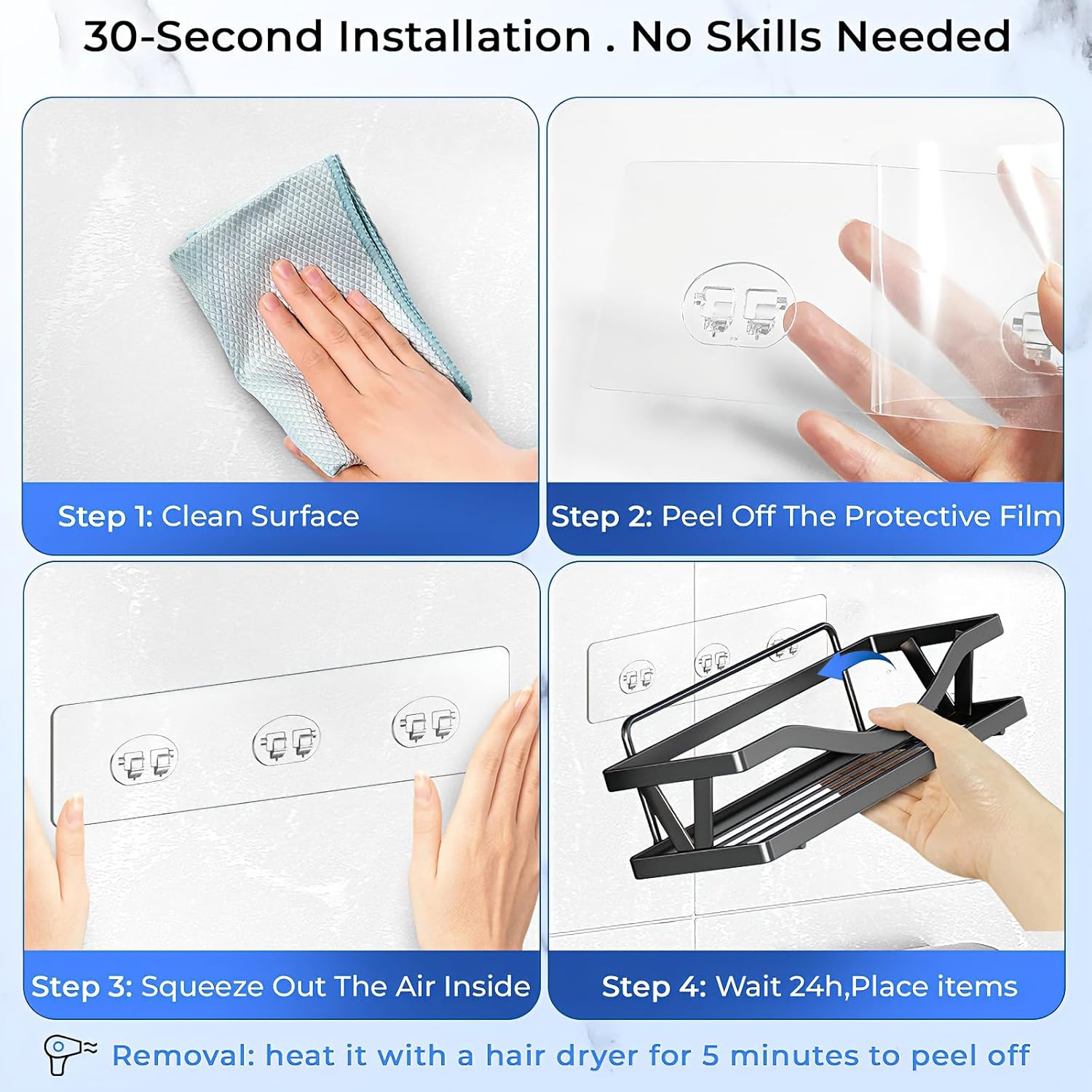 Shower Caddy Adhesive Hooks by [Brand Name] - Strong Waterproof Strips for No-Drill Bathroom & Kitchen | Transparent - 14 Pack
