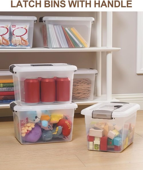 Citylife 6 QT Clear Plastic Storage Bins with Lids - Stackable Organizing Containers | 4 Packs with Grey Handles