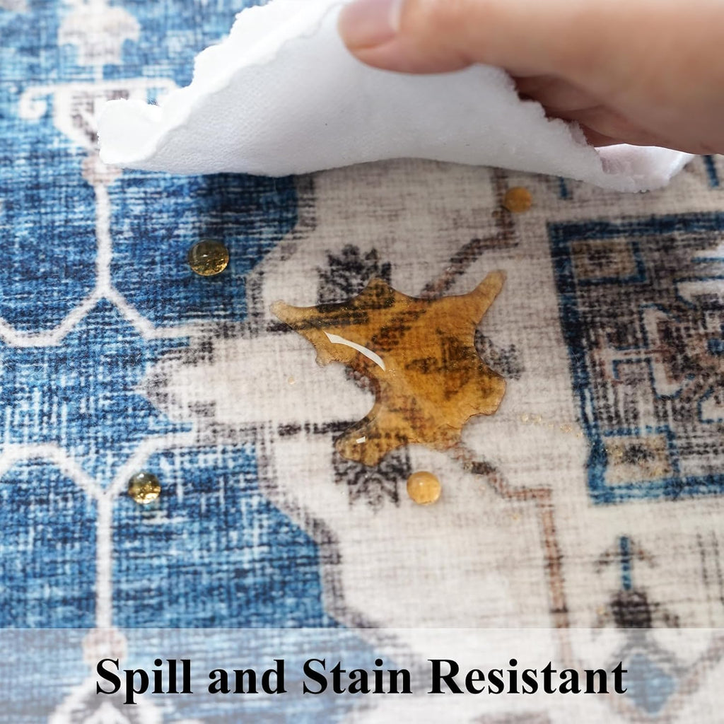 Skiennix Non-Slip Entryway Rug - Washable Stain Resistant Kitchen Doormat | Vintage Blue 2x4 Soft Carpet