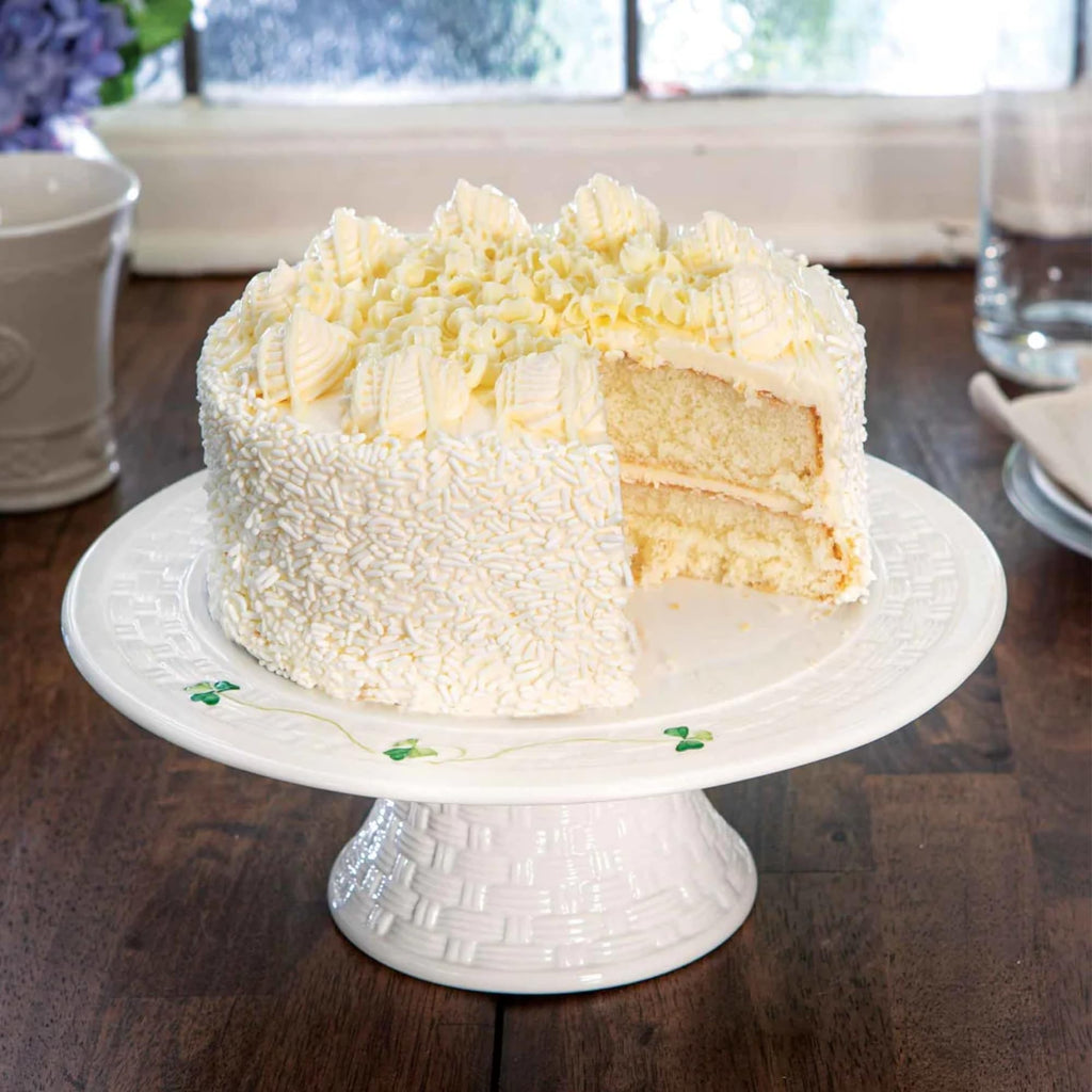 Belleek Classic Shamrock Cake Stand 10"D x 3.5"H, Handcrafted Fine Parian China Cake Plate, White